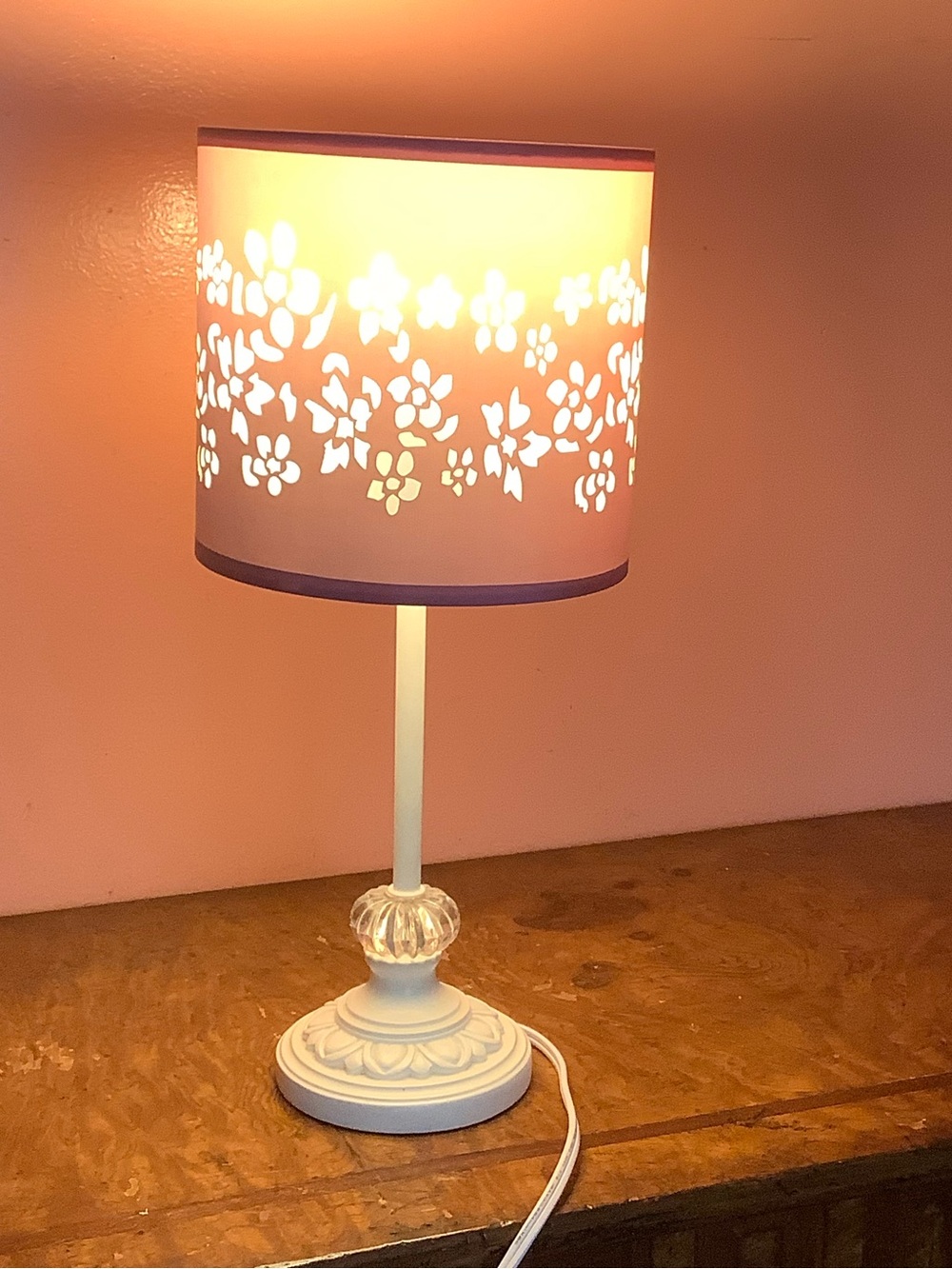 Lavender Flower Cut-Out Table Lamp White Base Clear Crystal Accent Girl's Room - Picture 15 of 16